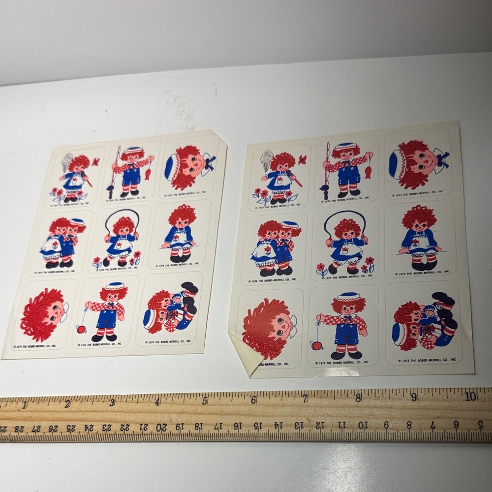 Vintage 1974  two sticker sheets Raggedy Ann & Andy - Red, Blue,White collectors